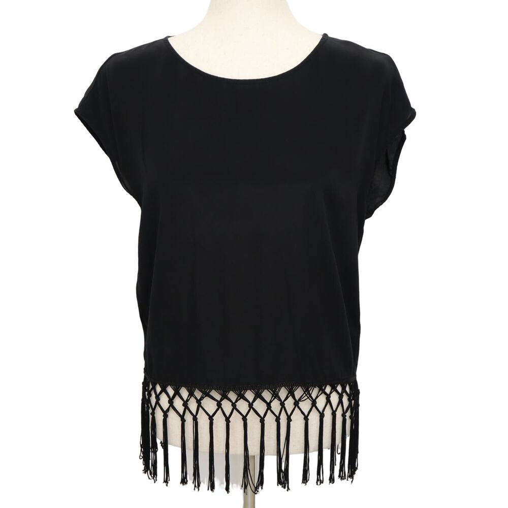 Moon & Meadow 100% Silk Blouse S Black Swing Tassel Fringe Cap Sleeve Boho Retro